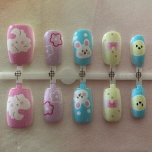 [XS] 🐣🐰🎀💅 10Pcs Wearable Press on Nail Short Square Easter Bunny Chicken Ribbon